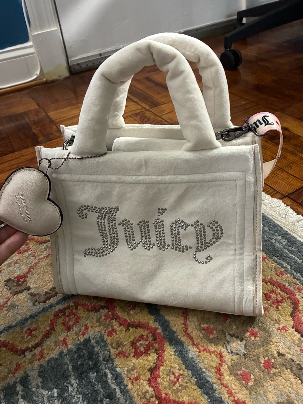 Juicy Couture White Crystal-Embellished Mini Tote with Heart Charm